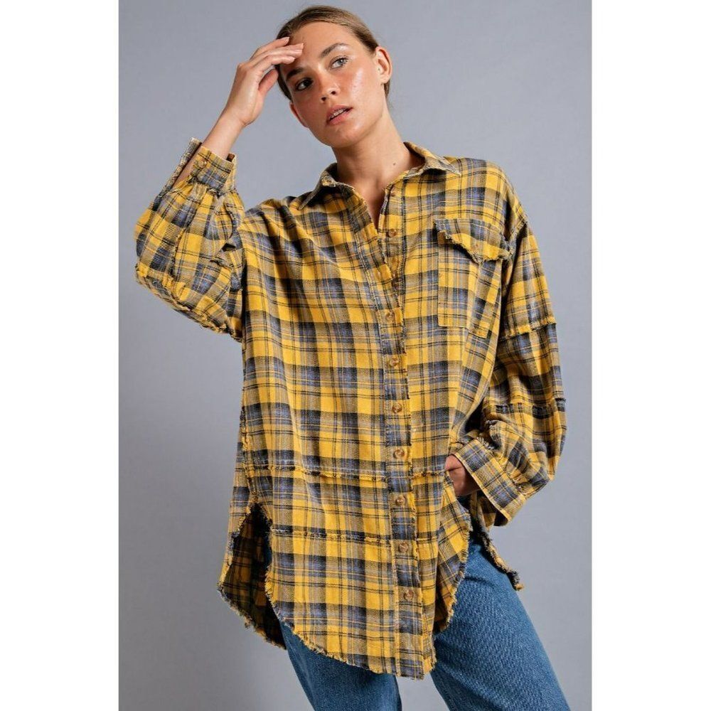 EASEL CLOTHING Womens Mineral Washed Plaid Shirt Button up Mustard Plaid ET16600